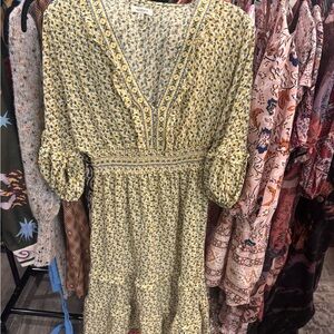 Max Studio Yellow Floral V-Neck Midi Dress with Puff Sleeves